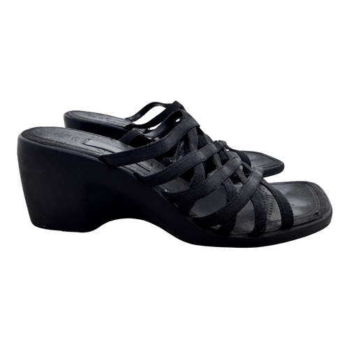 90s Black Strappy Chunky Heel Wedge Sandals | 6