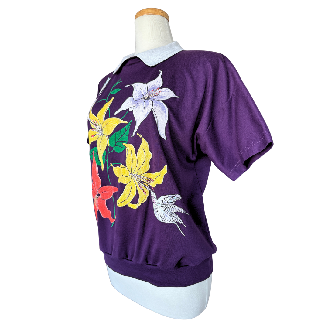 Jane Colby Purple Ruffle Collared Sweatshirt with Floral Graphic | Large