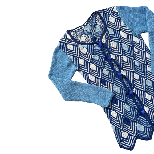 Blue and White Chevron Knit Long Cardigan | Extra-Small / Small