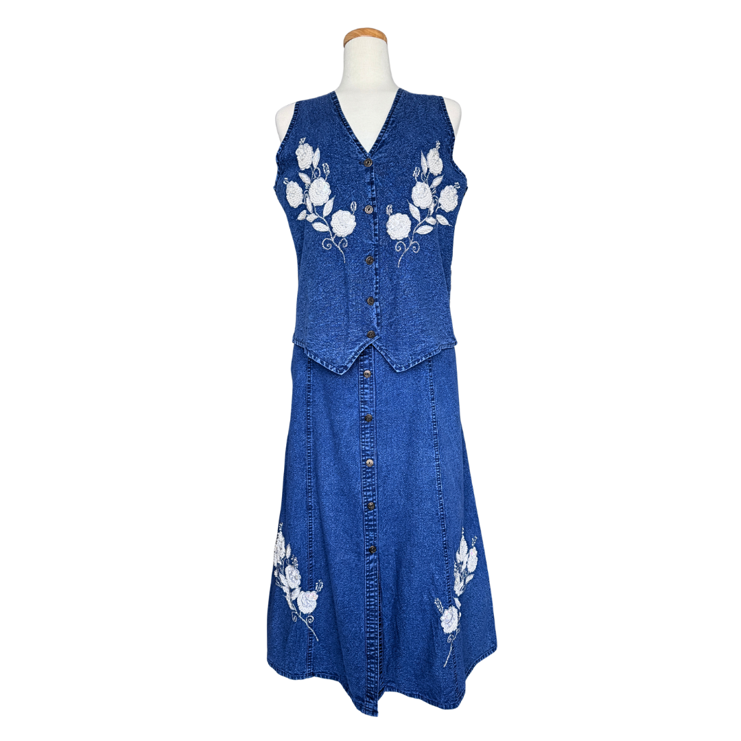 Jazzino Dark Denim Skirt with Pearl Floral Applique | Medium-Large