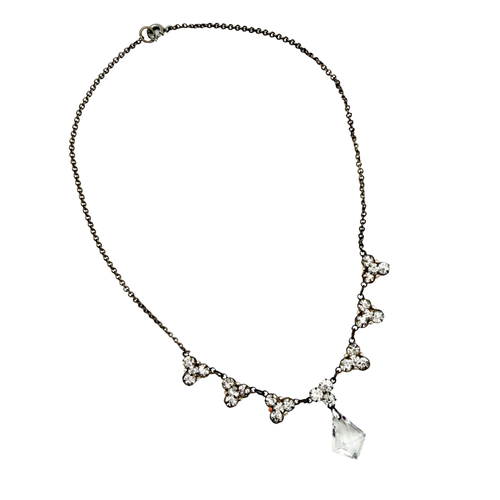 Antique 20s Art Deco Faceted Crystal Pendant and Rhinestone Necklace