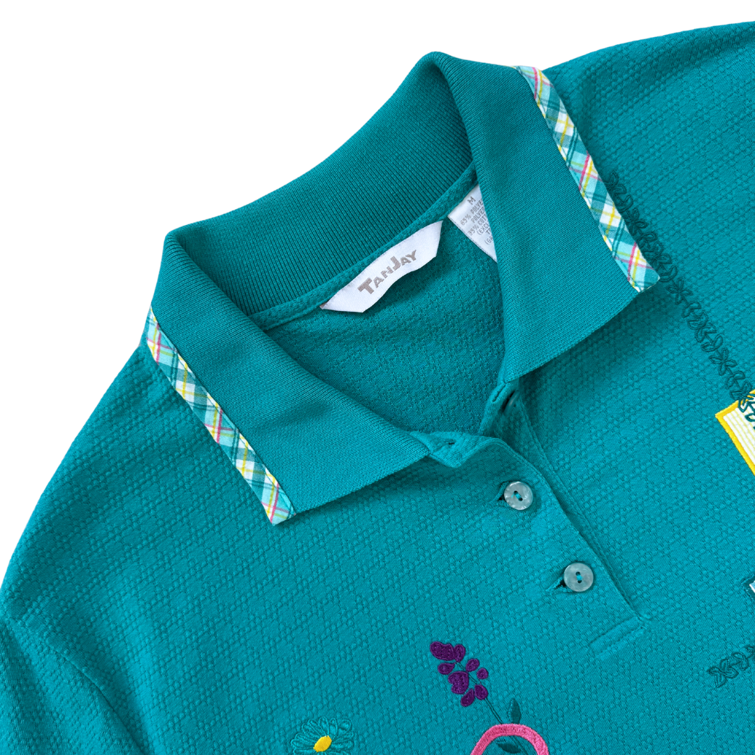 Tanjay Teal Golf Shirt with Floral Applique | Medium