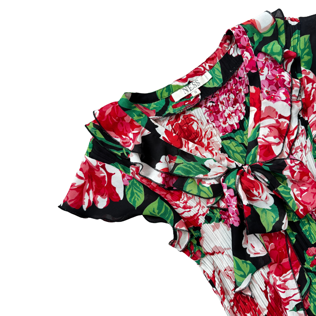 Ness Black And Red Floral Ruffle Bow Blouse | Extra-Small / Small