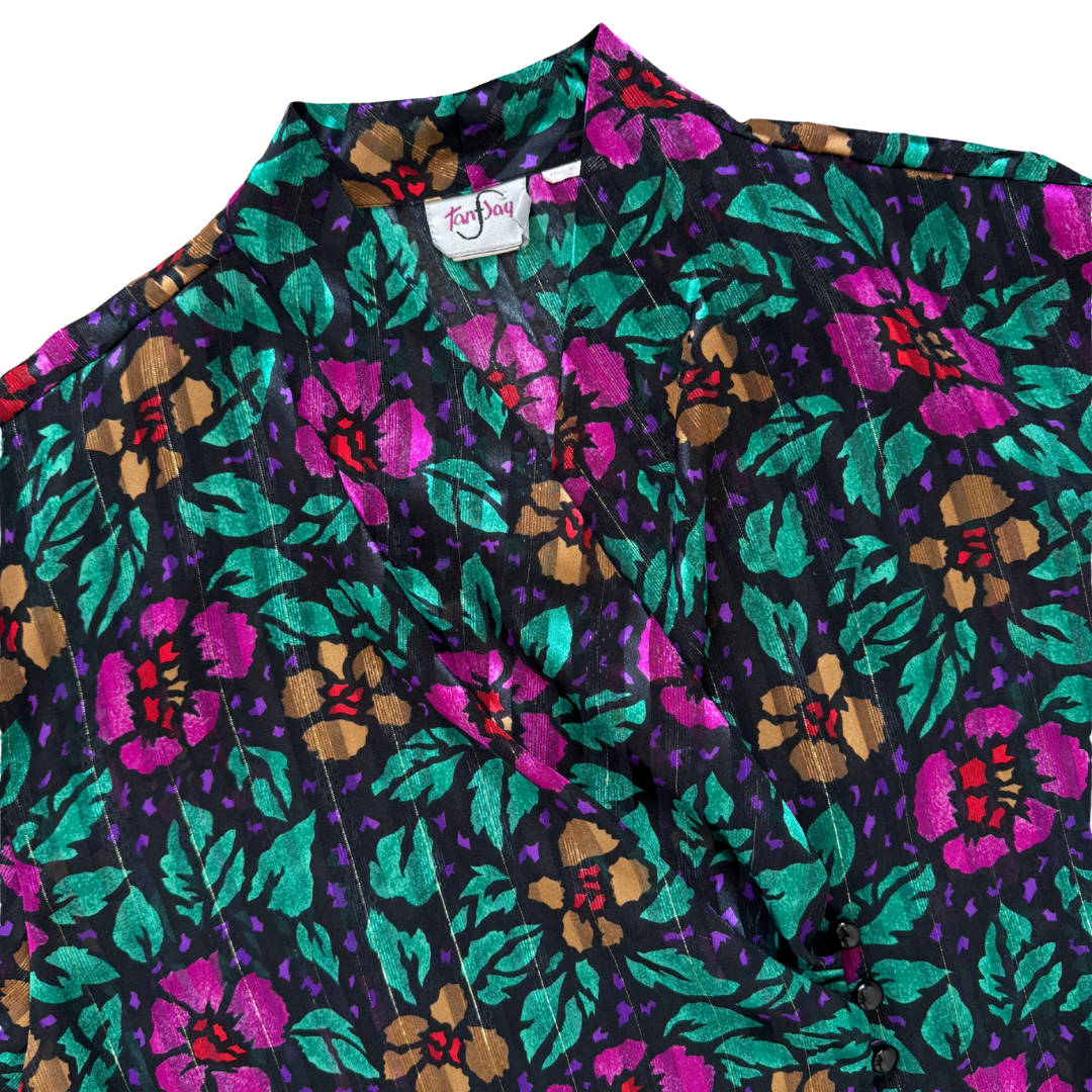 TanJay Black and Pink Satin Floral Blouse | Extra-Large