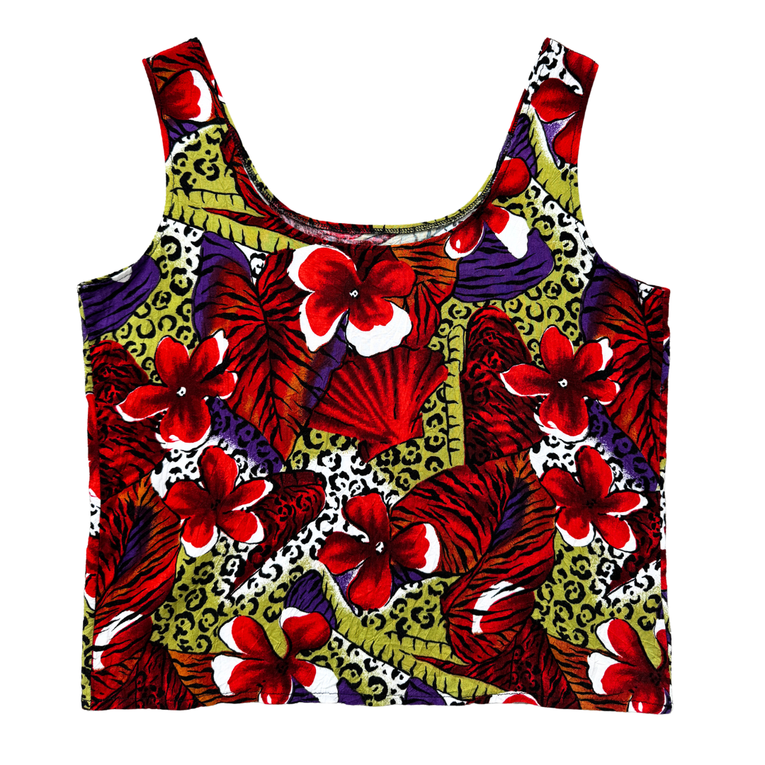 Red Floral Shell and Leopard Print Tank Top | Small - Medium