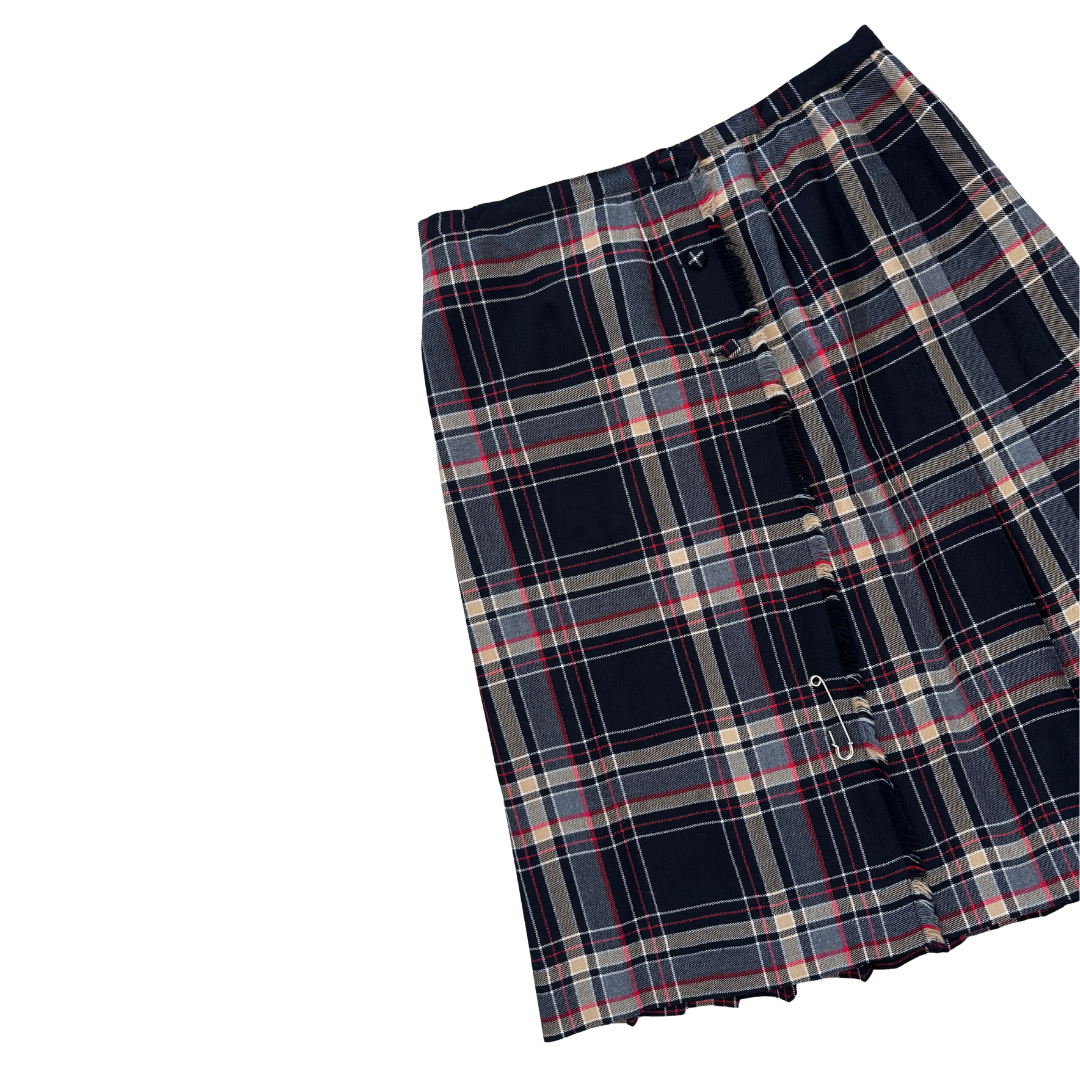 Aljean Black and Red Pleated Plaid Kilt Wrap Style Skirt | Large
