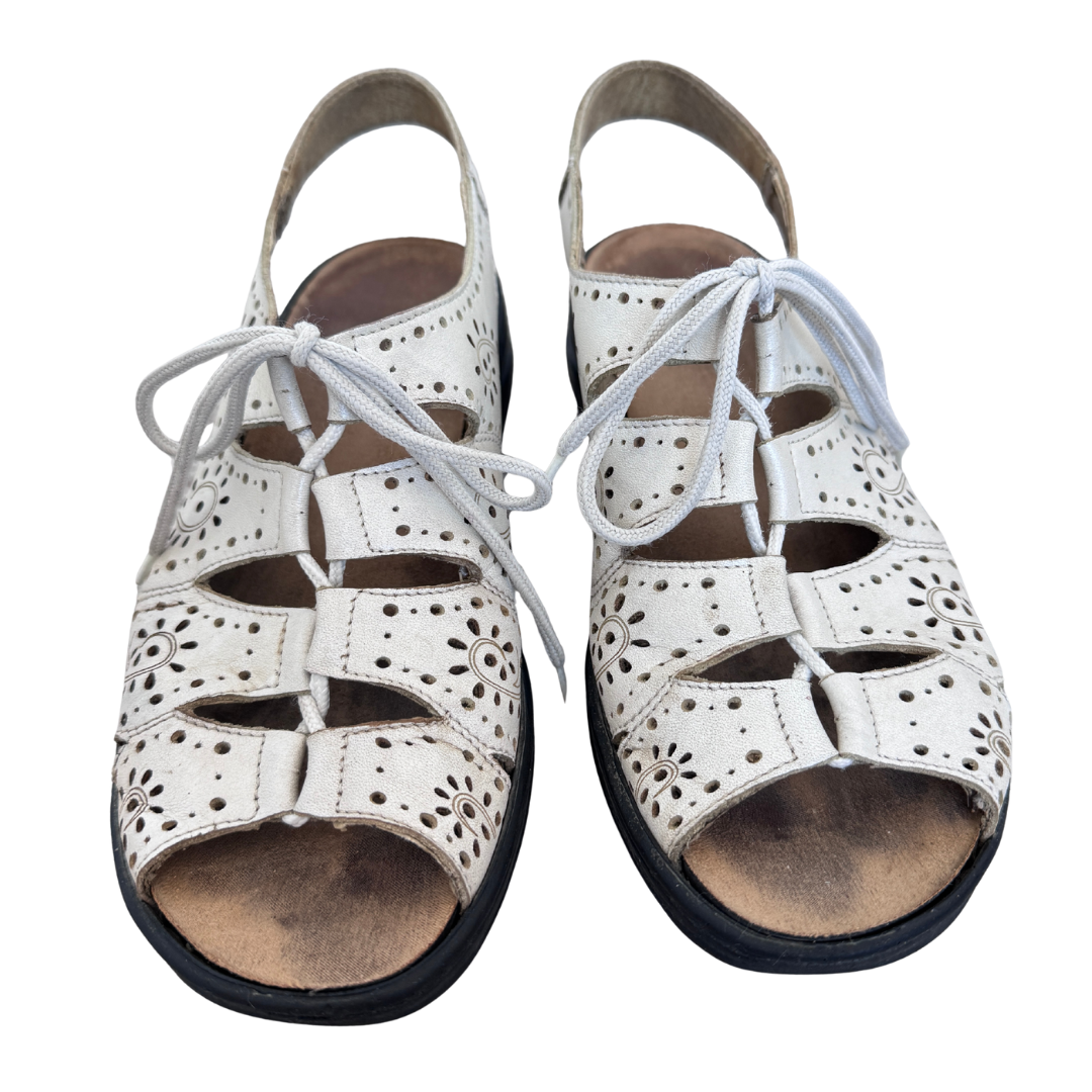 Rieker White Floral Laser Cut Lace Up Sandals | 39 (Women's 9)