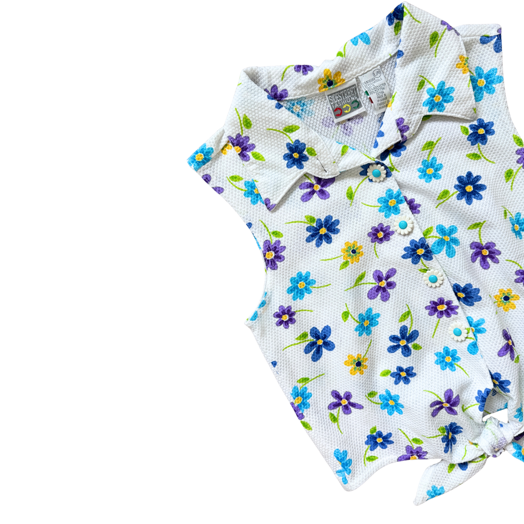 Sidestreet Fashions Retro Floral Tie-Front Blouse | XXS