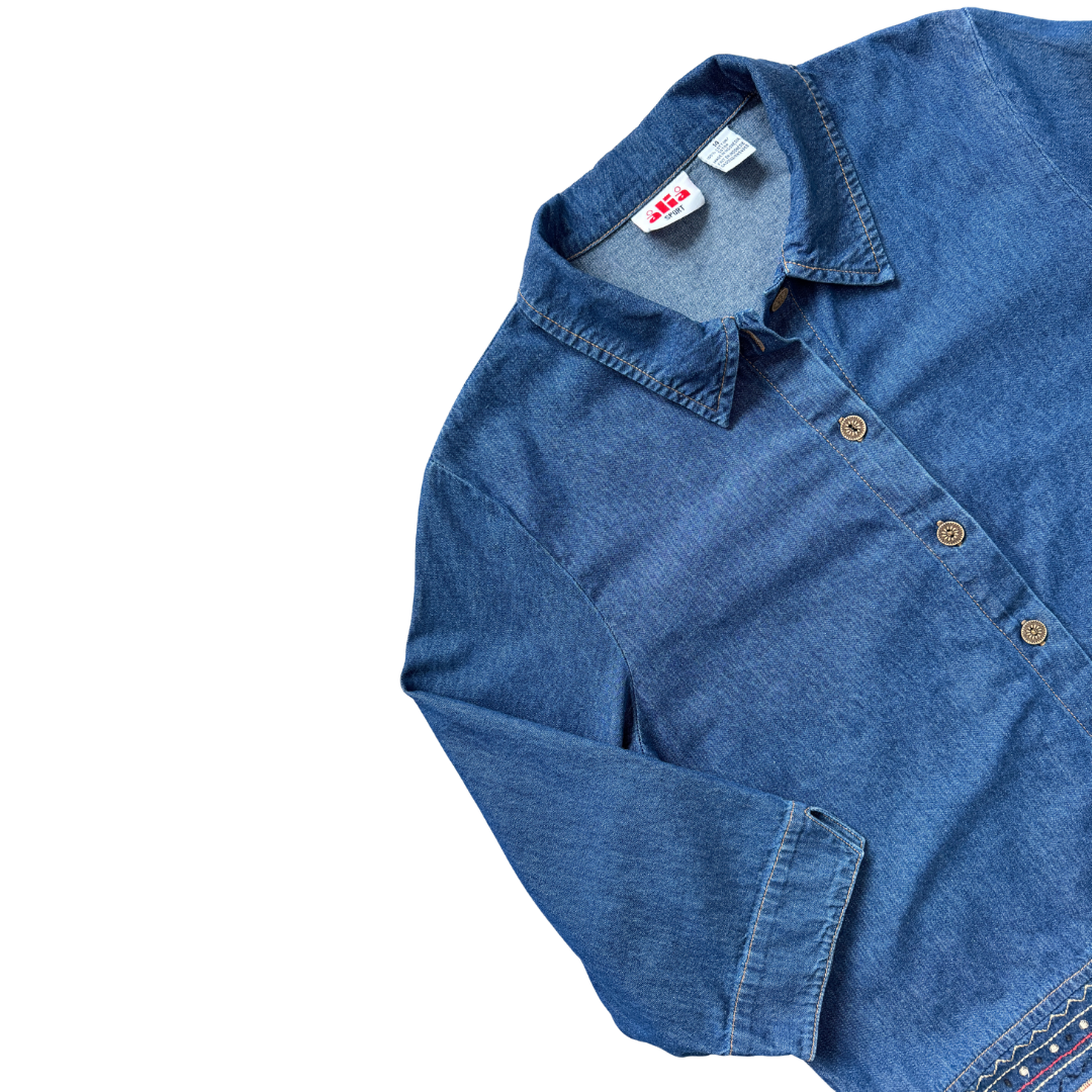 Alia Sport Embroidered Fringe Denim Shirt | Large