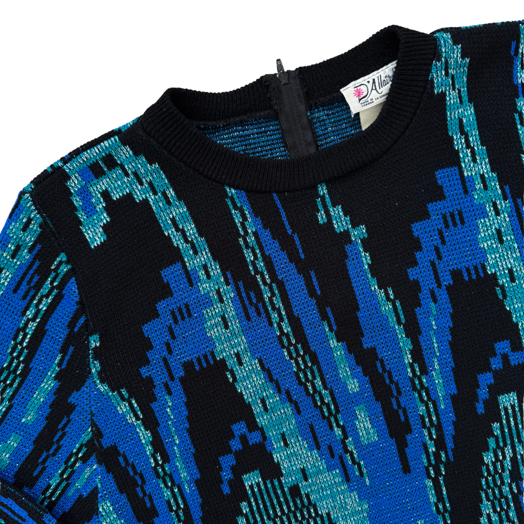 D'Allaird's Blue and Black Geometric Metallic Sweater | Small - Medium