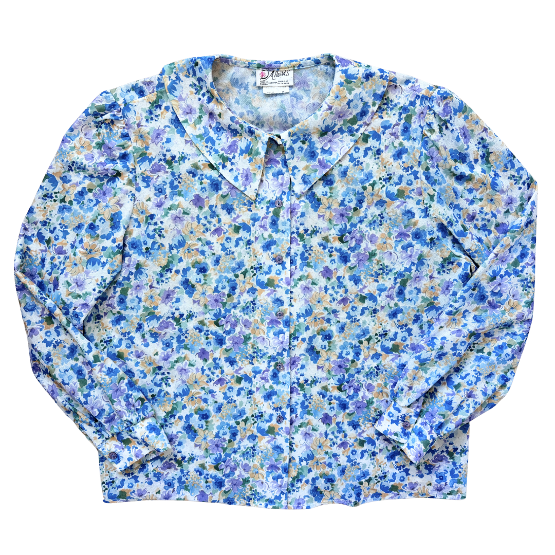 Vintage D'Allaird's Blue Yellow and Purple Floral Blouse with Peter Pan Collar | Medium