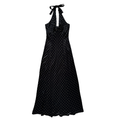 Vintage 80s Nu-Mode Black and Gold Polka Dot Halter Maxi Dress | Extra-Small