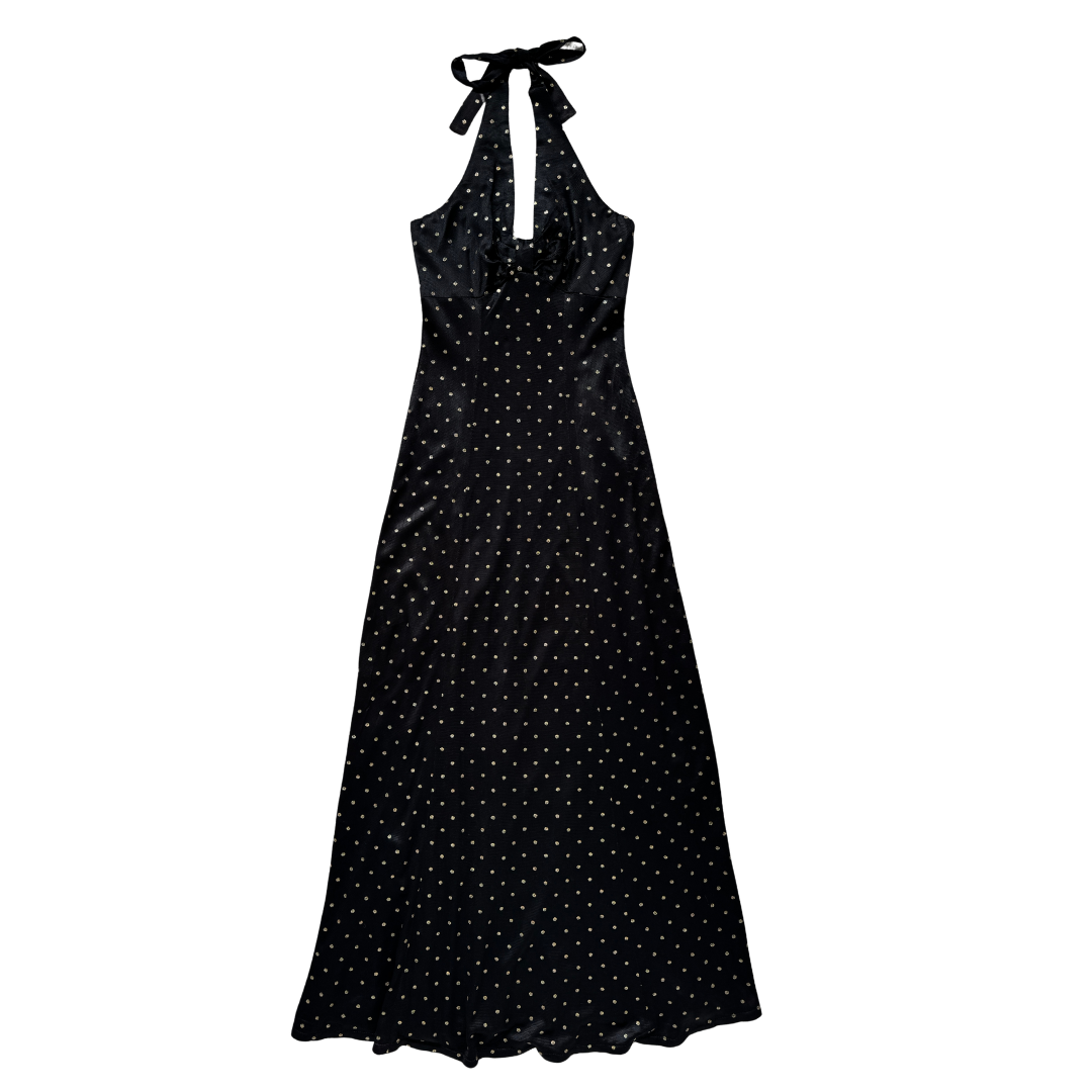Vintage 80s Nu-Mode Black and Gold Polka Dot Halter Maxi Dress | Extra-Small