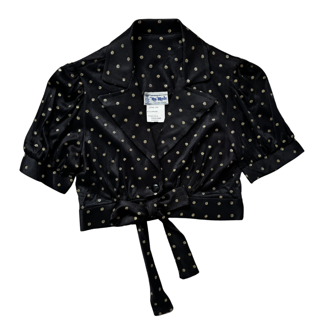 Vintage 80s Nu-Mode Black and Gold Polka Dot Tie-Front Blouse | Extra-Small