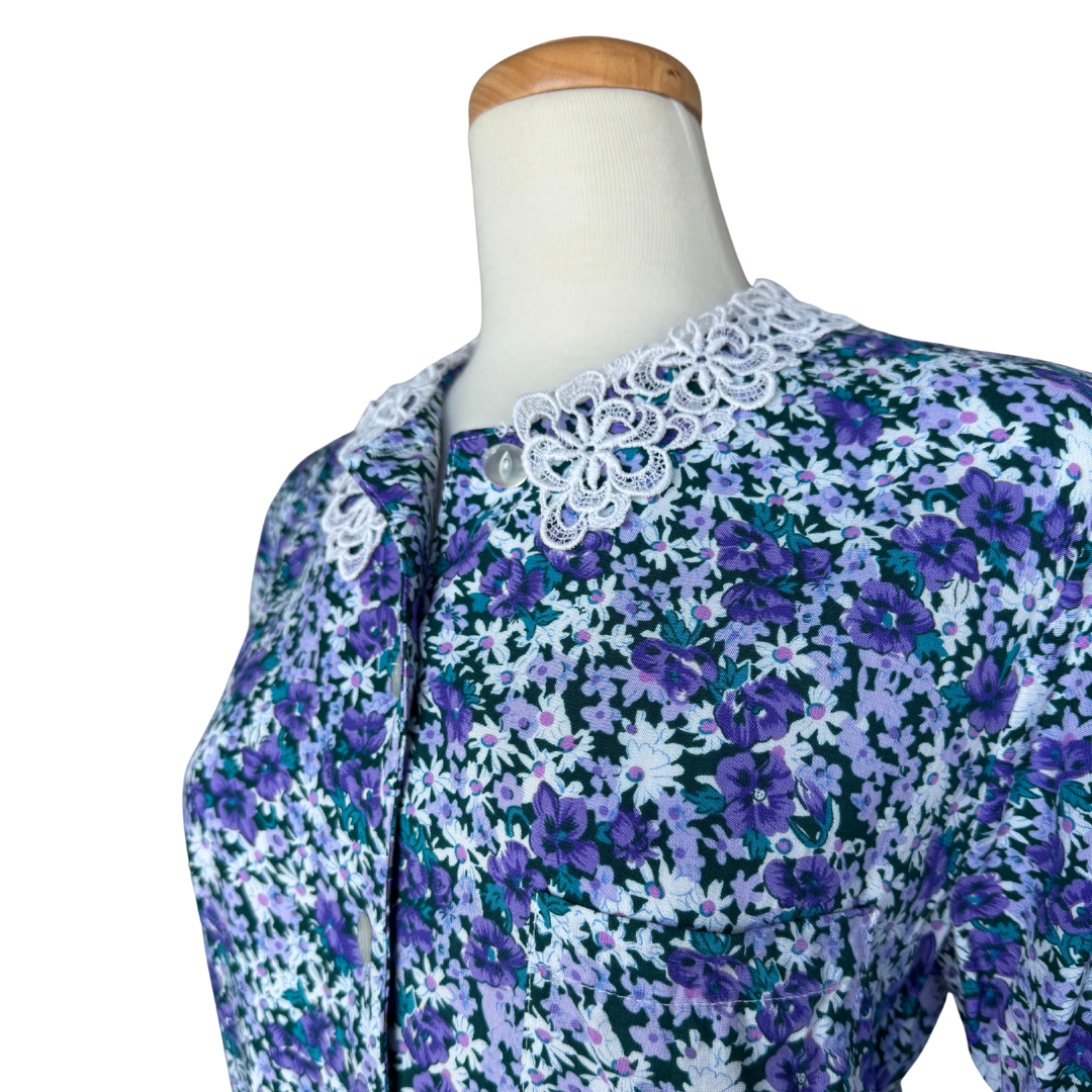 Hiroko Purple Floral Blouse with Lace Collar | Medium
