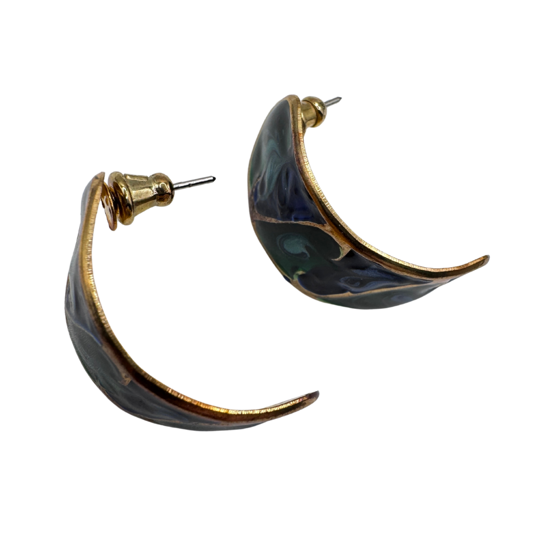Blue and Green Enamel Semi-Hoop Stud Earrings