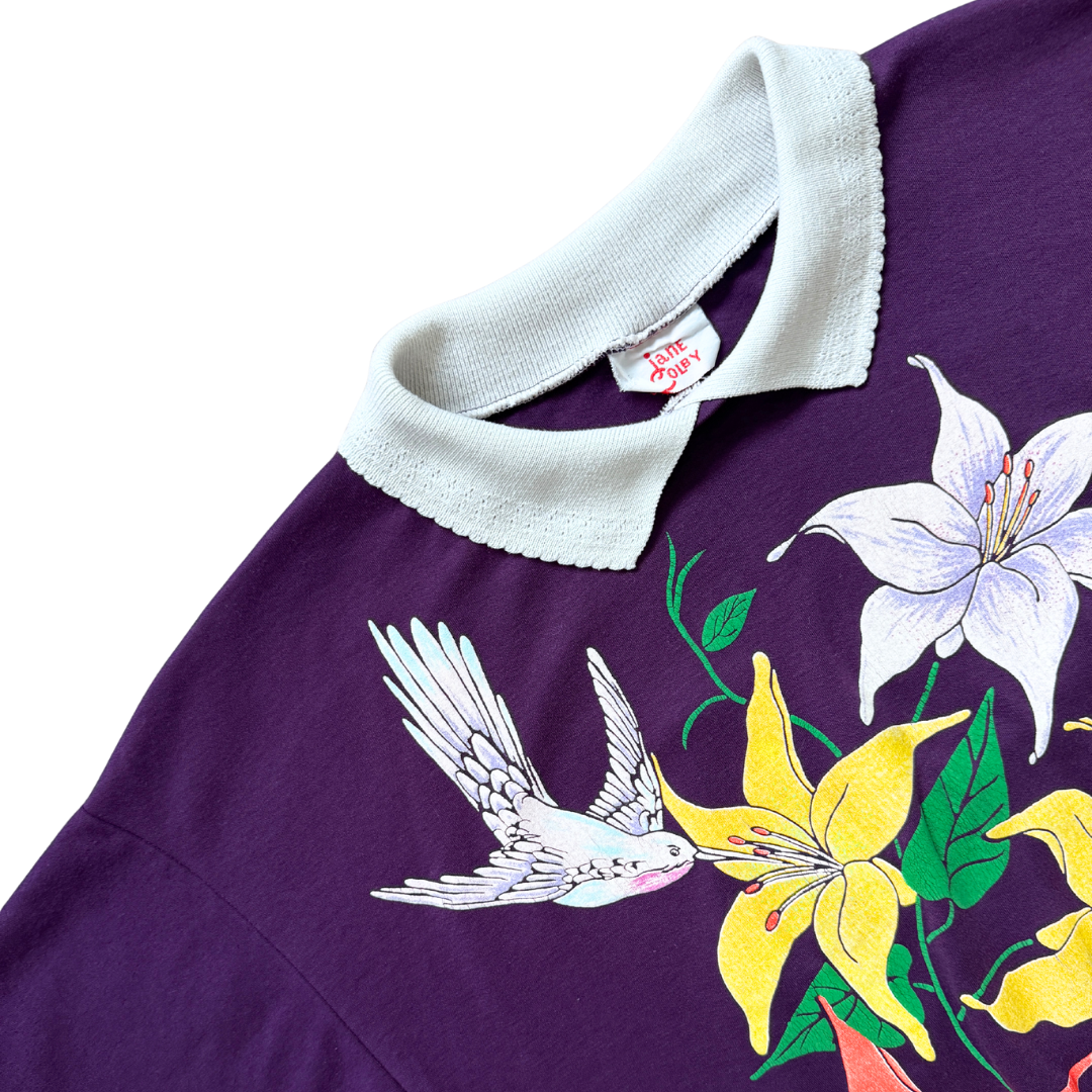 Jane Colby Purple Ruffle Collared Sweatshirt with Floral Graphic | Large