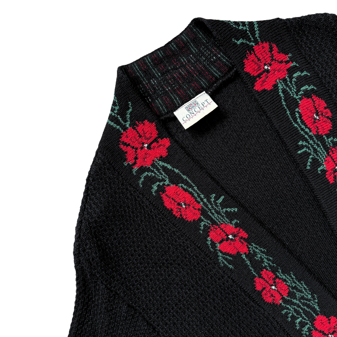 Concept Knitwear Long Black Cardigan with Red Roses | Extra-Large