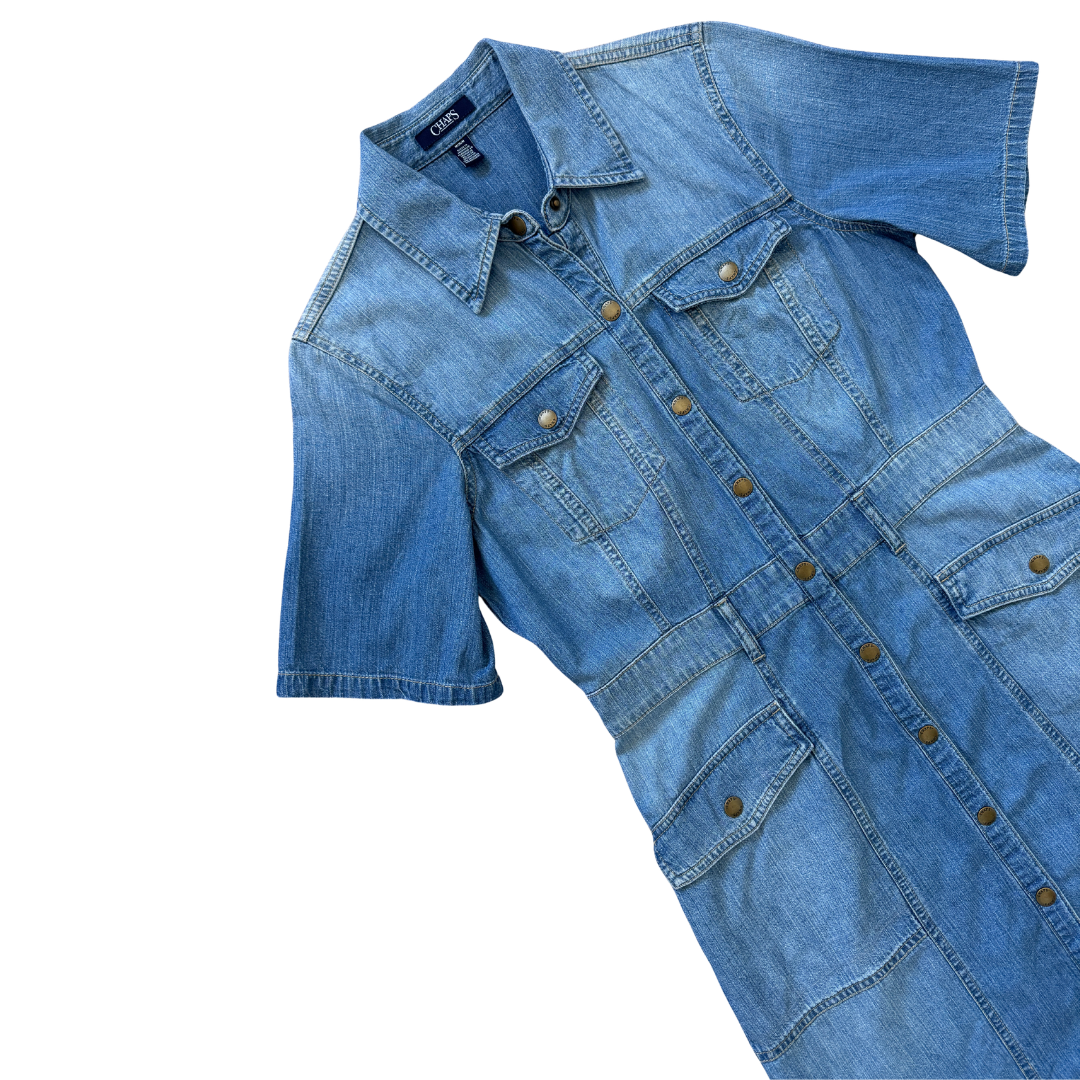 Chaps Short Sleeve Denim Mini Dress | Small - Medium