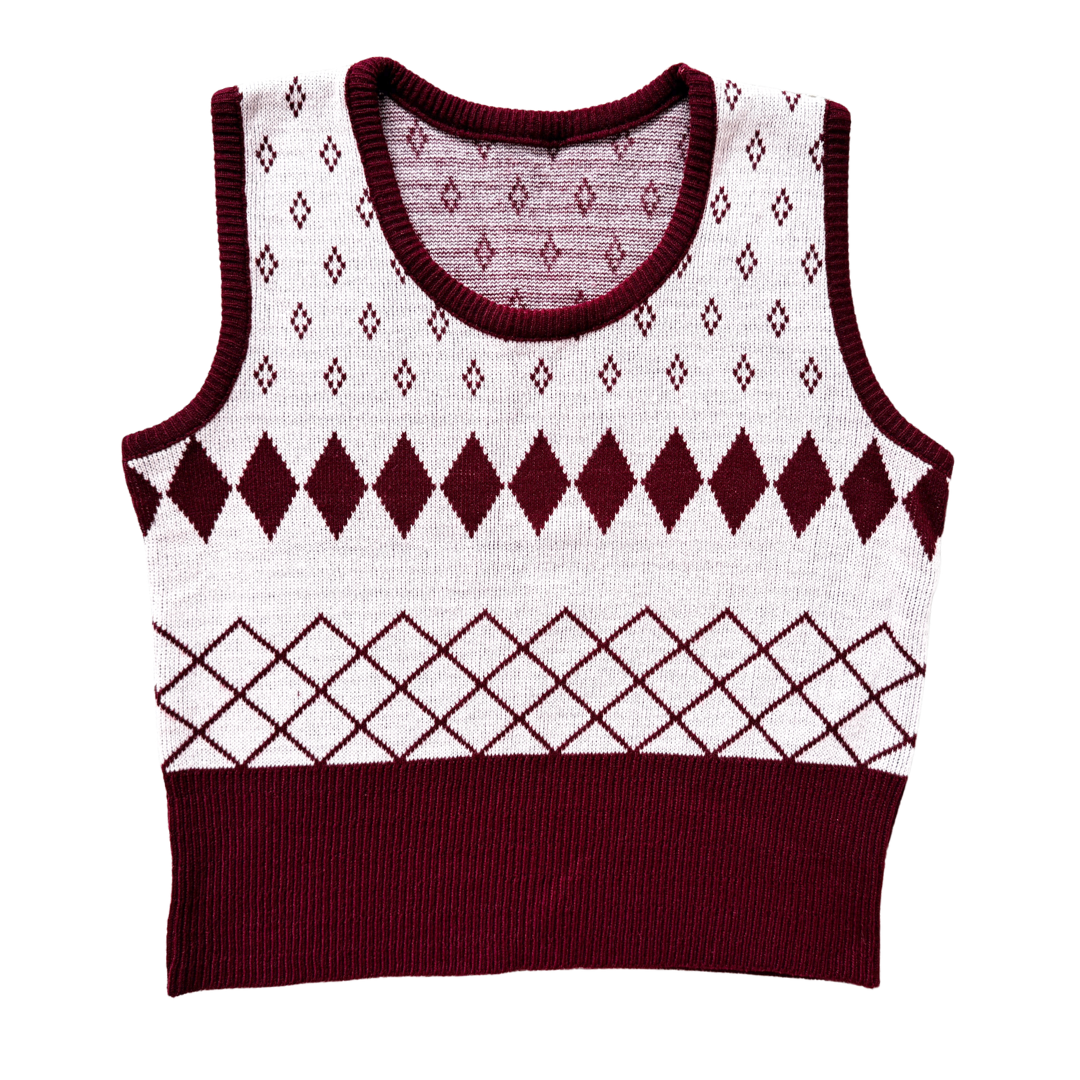 Vintage 70s Burgundy Diamond Print Knit Pullover Vest | Extra-Small