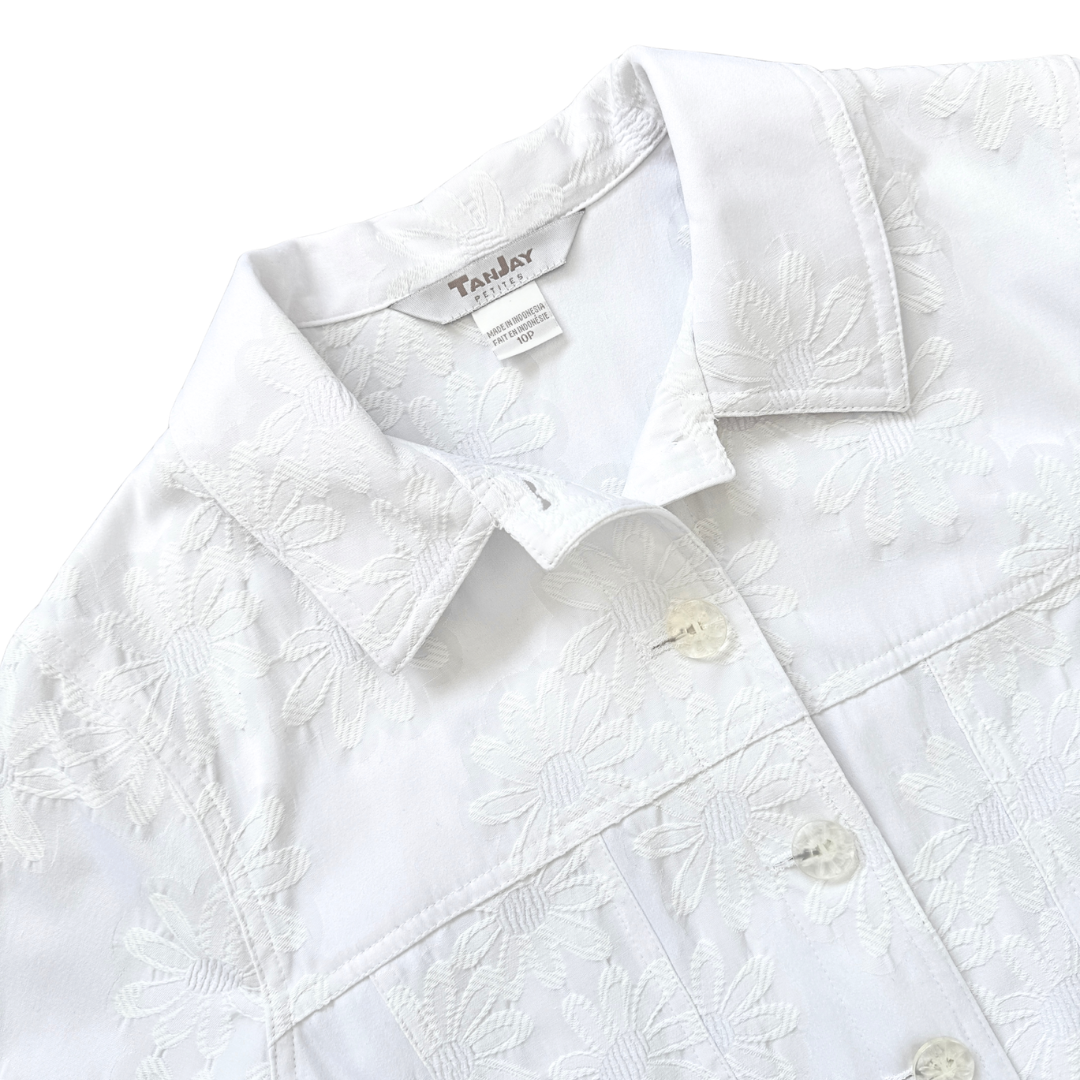 TanJay White Textured Floral Collared Jacket | Medium