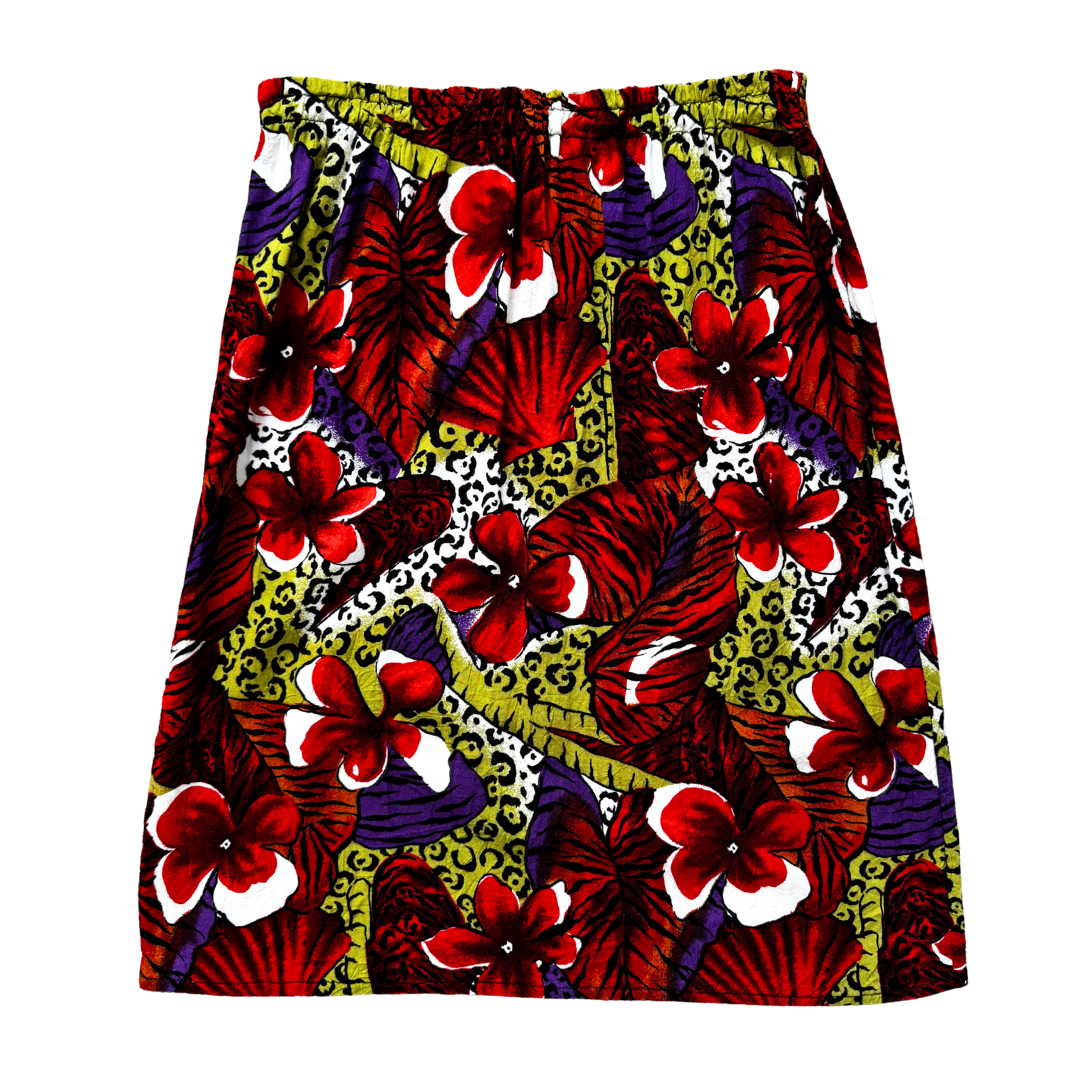 Vintage 80s-90s Red Floral Shell and Leopard Print Midi Skirt | Small - Medium