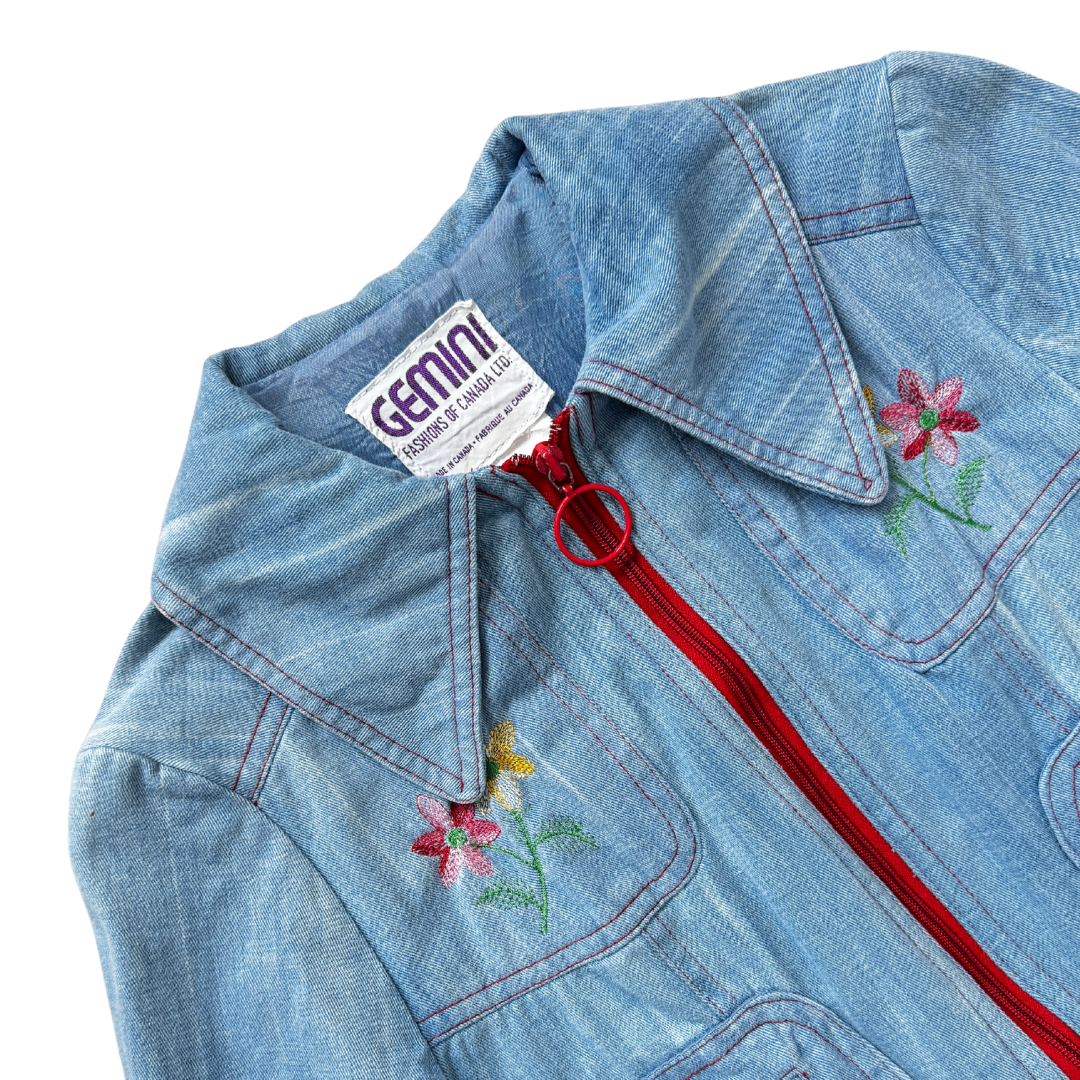 Gemini Fashions of Canada Floral Embroidered Denim Jacket | Small