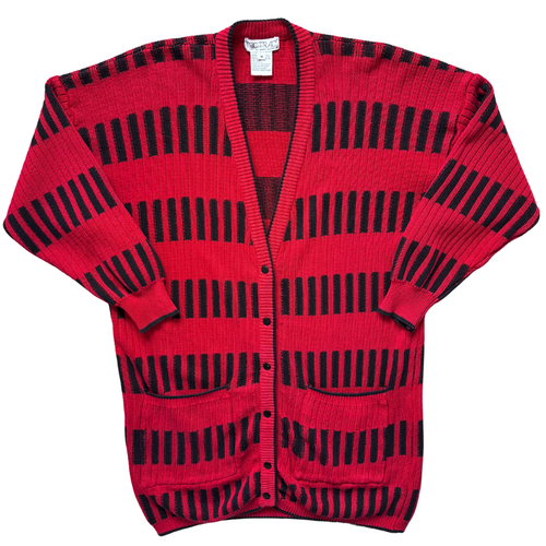 Vintage 1980s-1990s Tric-Trac Red and Black Abstract Long Cardigan - Large / Extra-Large