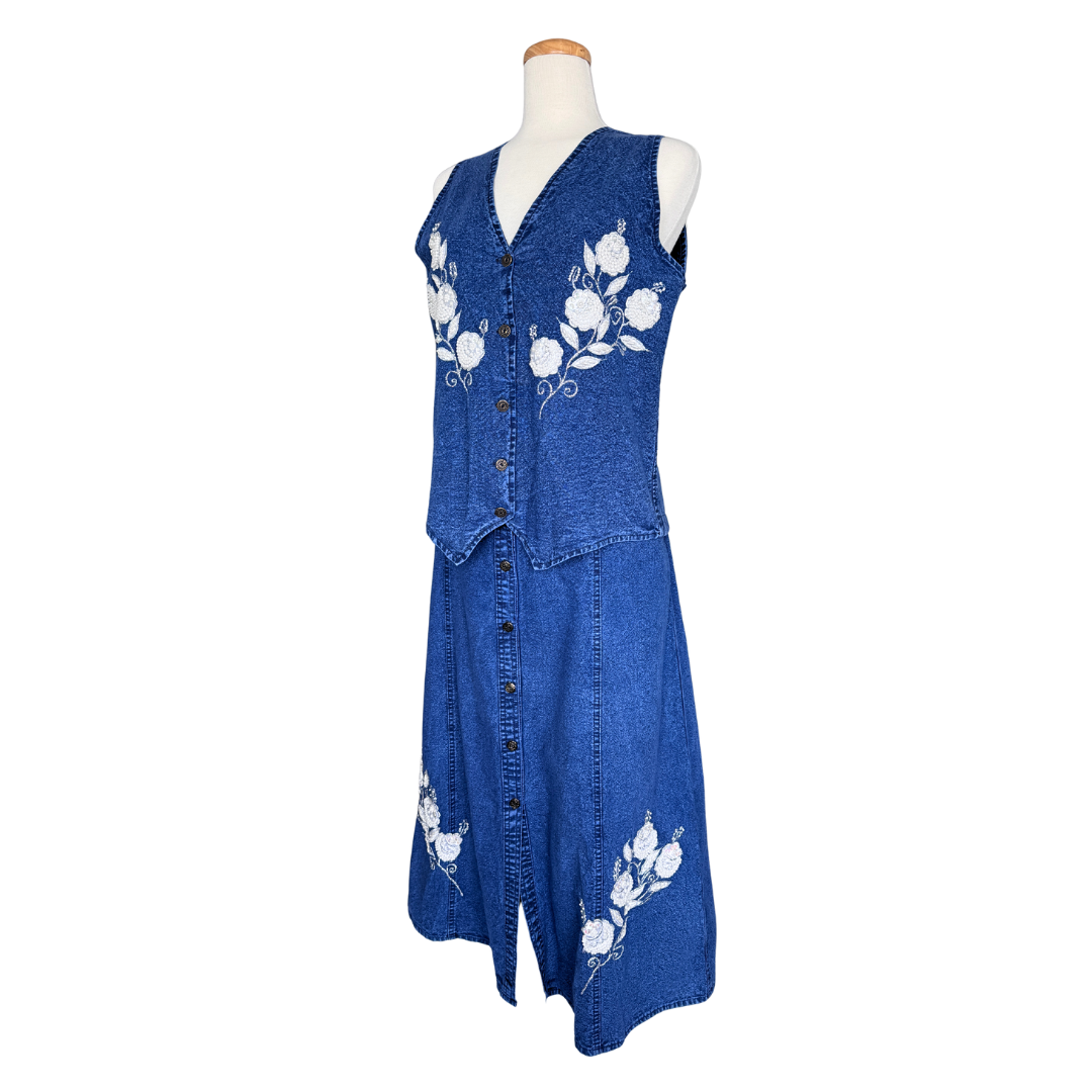 Jazzino Dark Denim Vest with Pearl Floral Applique | Small-Medium