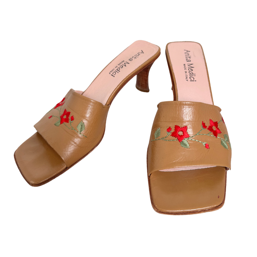 Anita Medici Brown Floral Embroidered Heeled Sandals | 8
