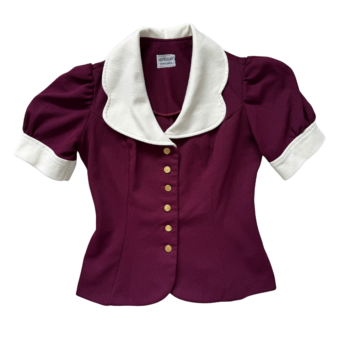 Vintage 70s Arpeggio Missy Petite Burgundy Puff Shoulder Blouse | Extra-Small