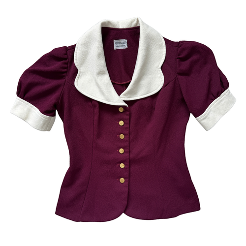 Vintage 70s Arpeggio Missy Petite Burgundy Puff Shoulder Blouse | Extra-Small