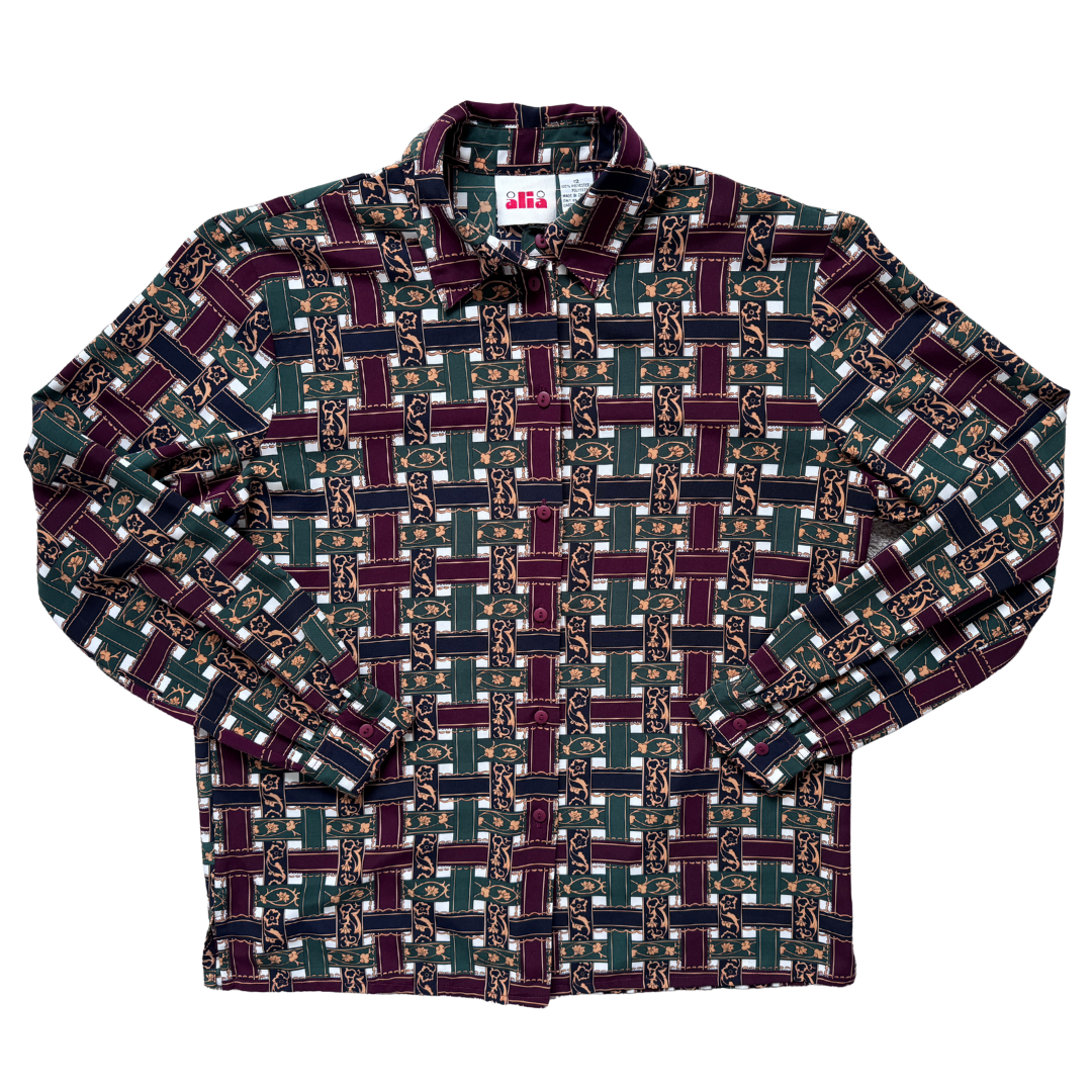 Vintage 1990s Alia Burgundy Green and Navy Graphic Blouse | Large