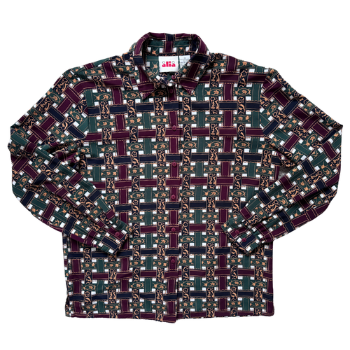 Vintage 1990s Alia Burgundy Green and Navy Graphic Blouse | Large