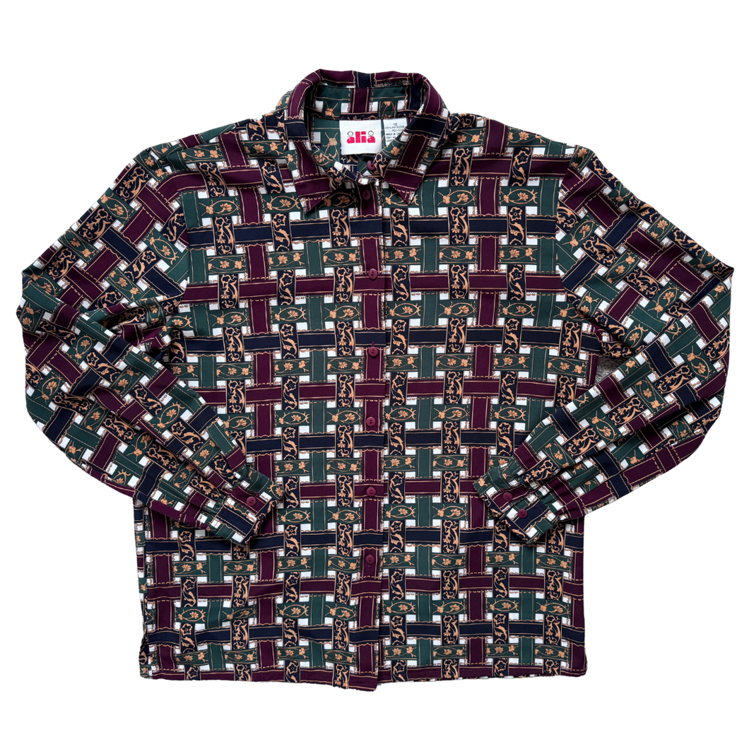 Vintage 1990s Alia Burgundy Green and Navy Graphic Blouse | Large