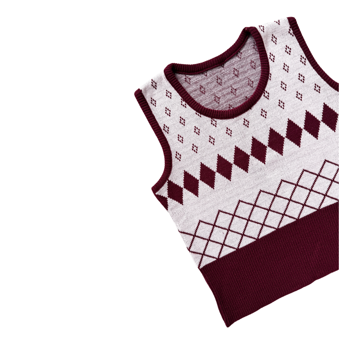 Burgundy Diamond Print Knit Pullover Vest | Extra-Small