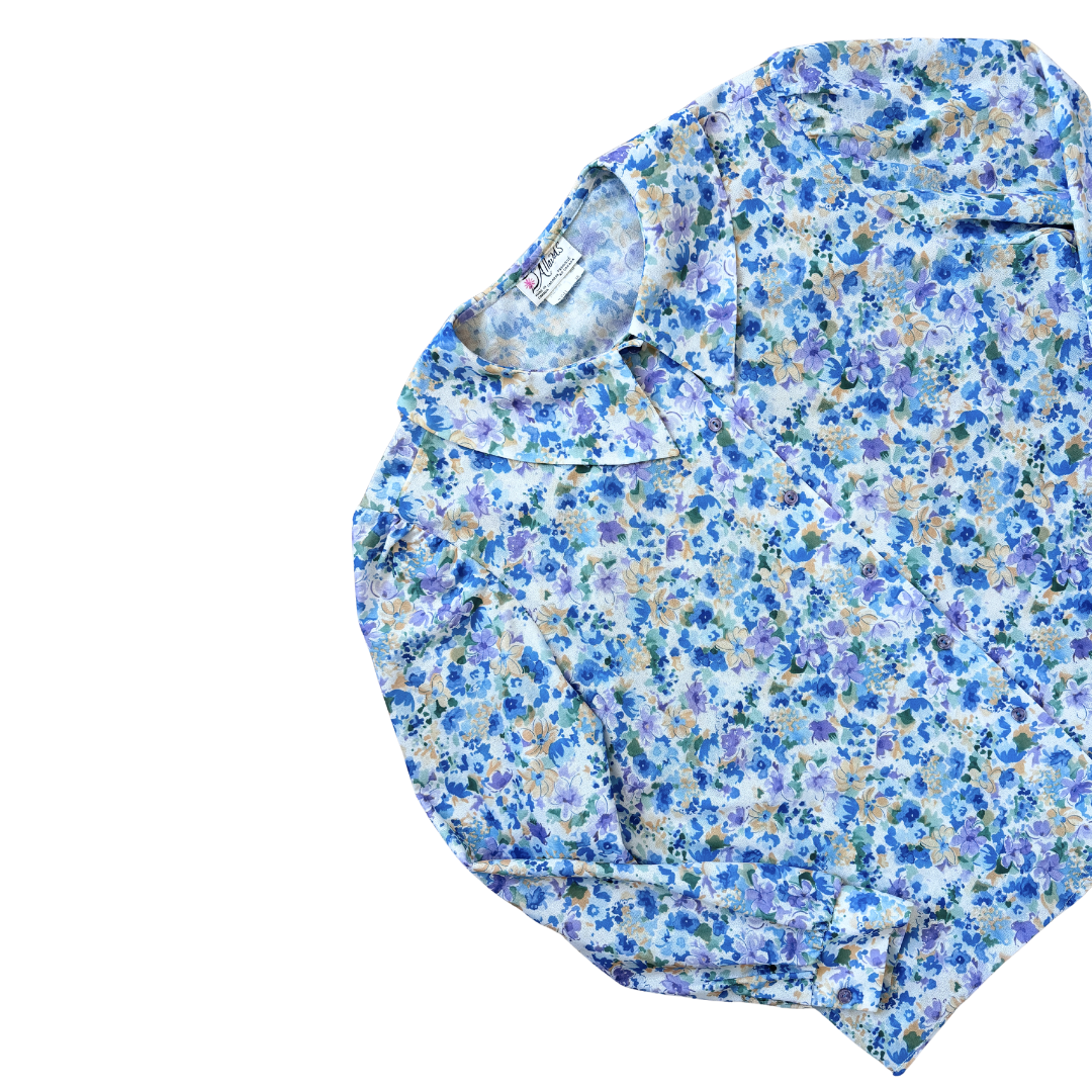 D'Allaird's Blue Yellow and Purple Floral Blouse with Peter Pan Collar | Medium