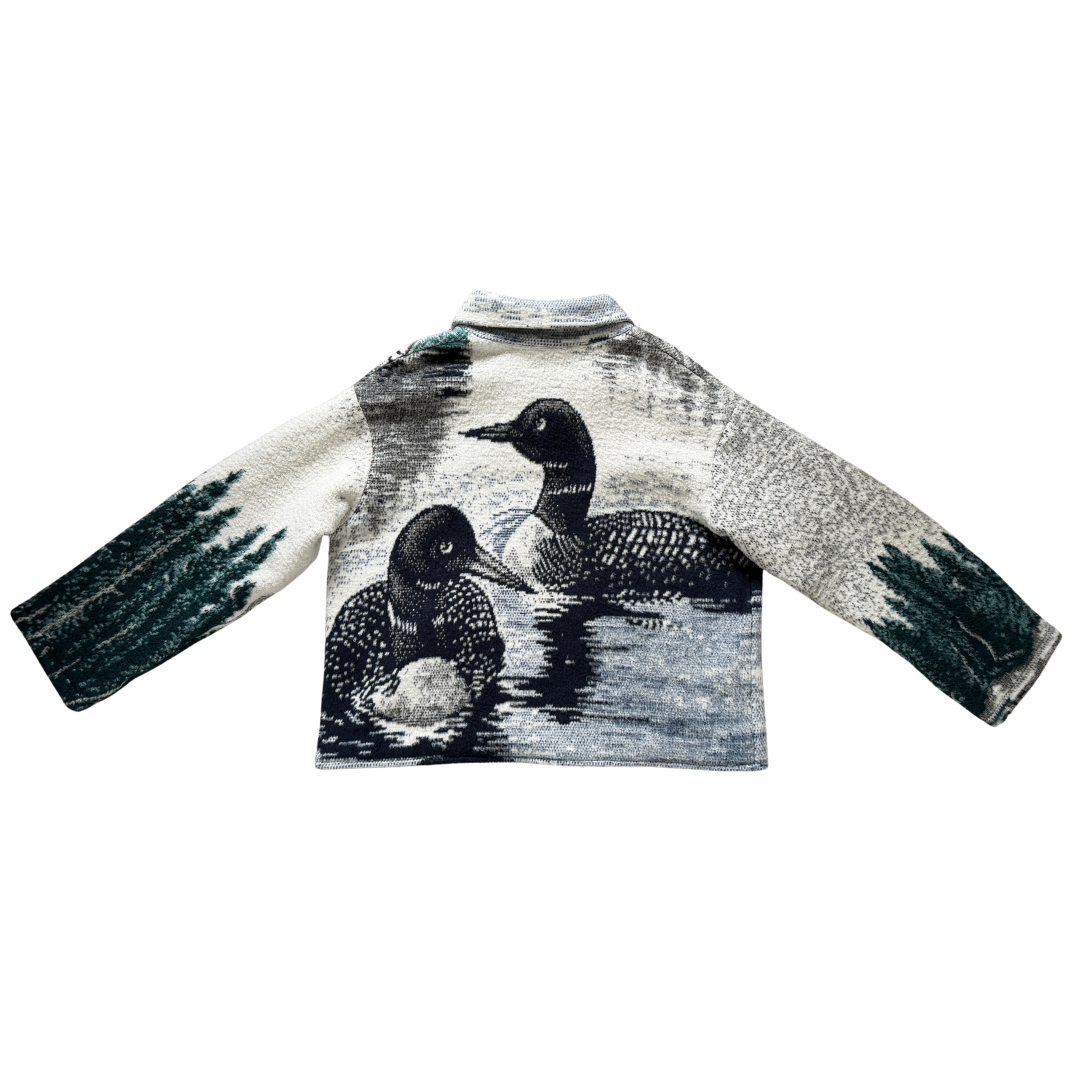 Hand Crafted Loons on a Lake Recycled Blanket Jacket | Large
