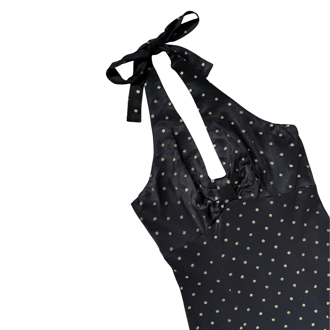 Nu-Mode Black and Gold Polka Dot Halter Maxi Dress | Extra-Small