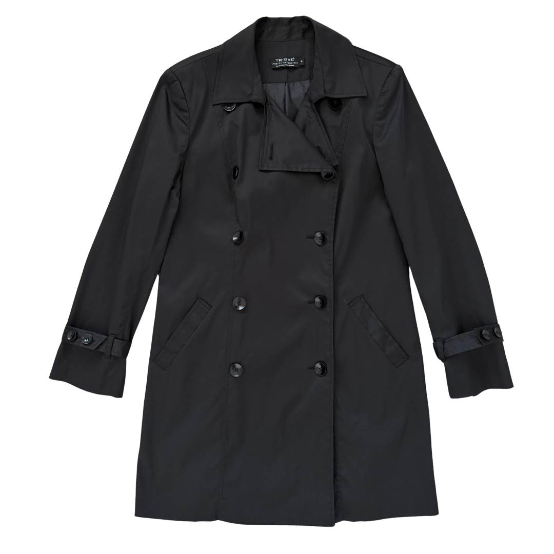 Tribal Double Breasted Black Trench Coat | Medium