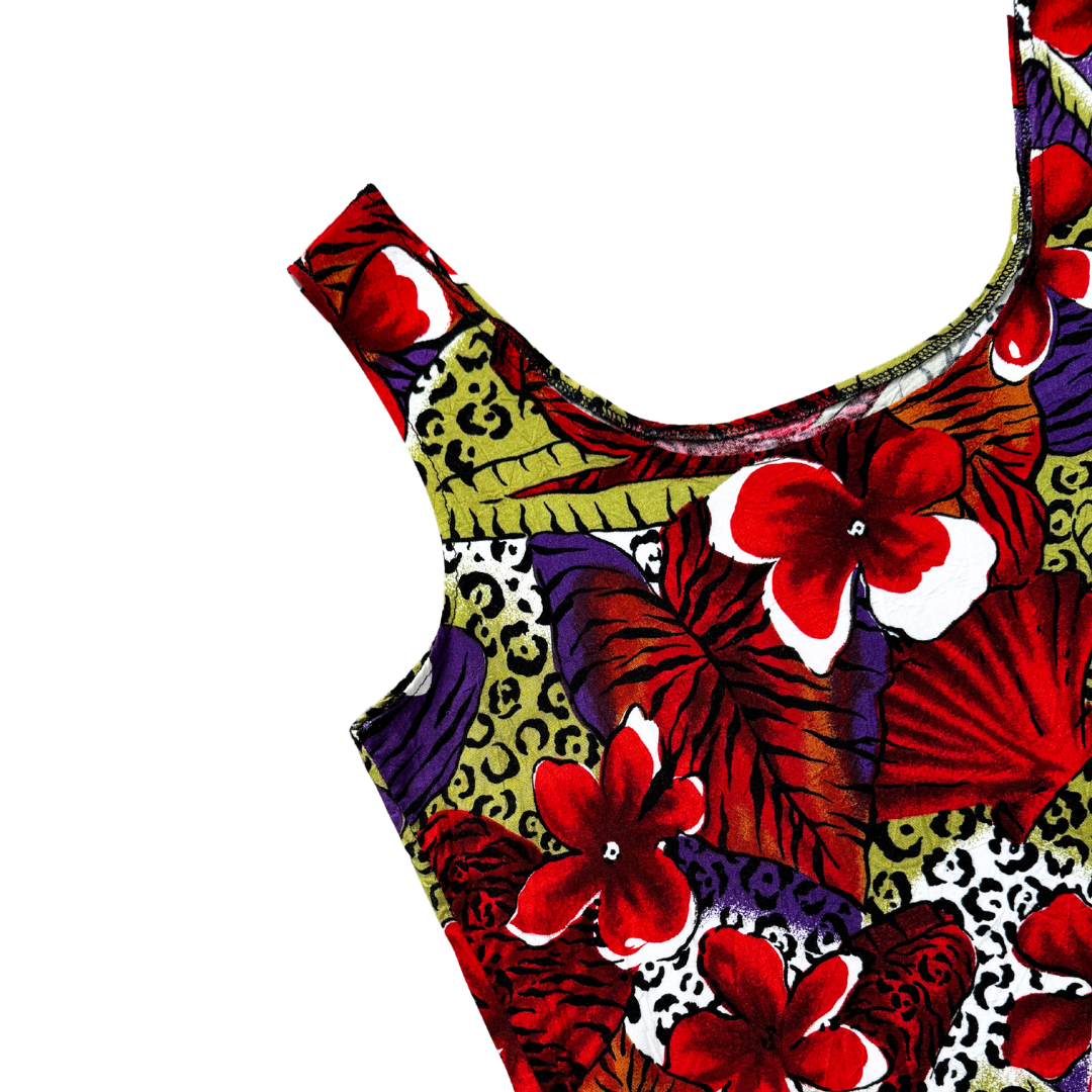 Red Floral Shell and Leopard Print Tank Top | Small - Medium