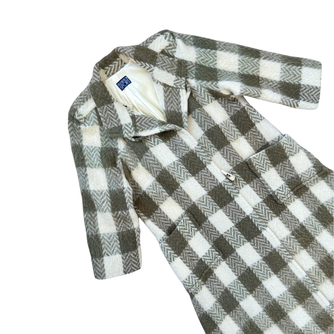 Linda Lundstrom Sport Green and Cream Plaid Brushed Wool Coat | Medium - Large (Long)