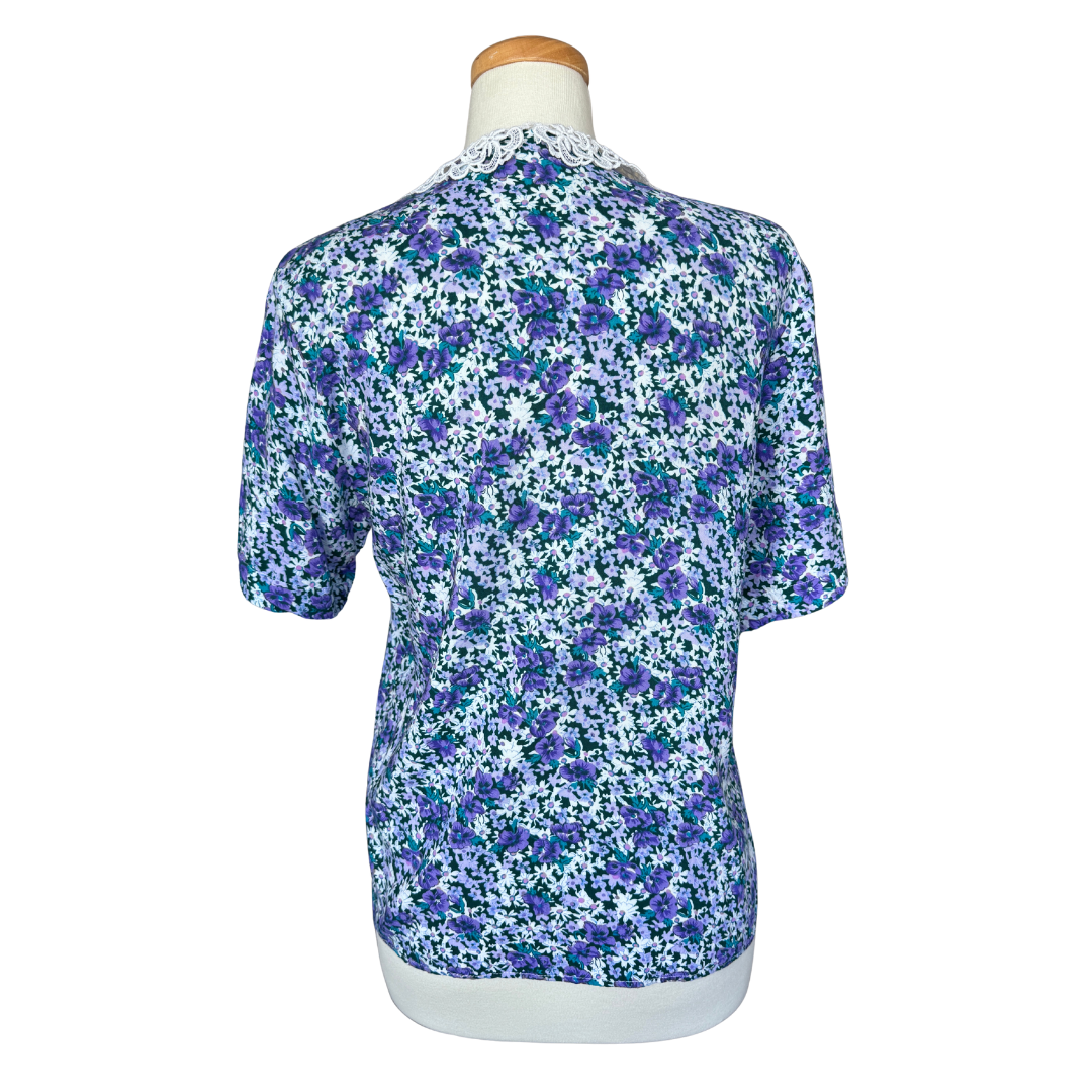 Hiroko Purple Floral Blouse with Lace Collar | Medium
