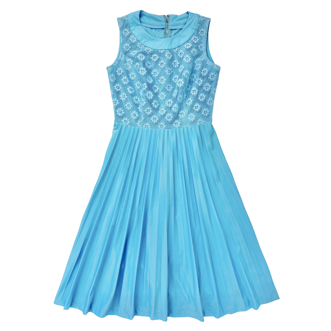 Vintage 60s-70s House of Nu Mode Baby Blue Floral Lace Dress with Pleated Skirt | Small