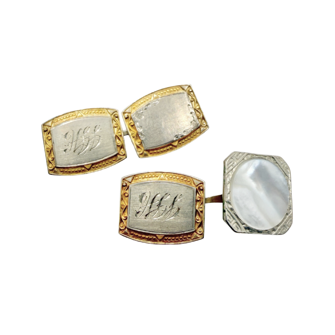 Antique 1920s Parks Bros. and Rogers Cuff links. Sterling silver and 12kt gold plated hand engraved rectangular links with a square mother of pearl statement link. Clover and horseshoe hallmark stamp.