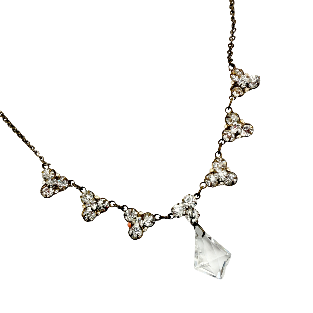 20s Art Deco Faceted Crystal Pendant and Rhinestone Necklace