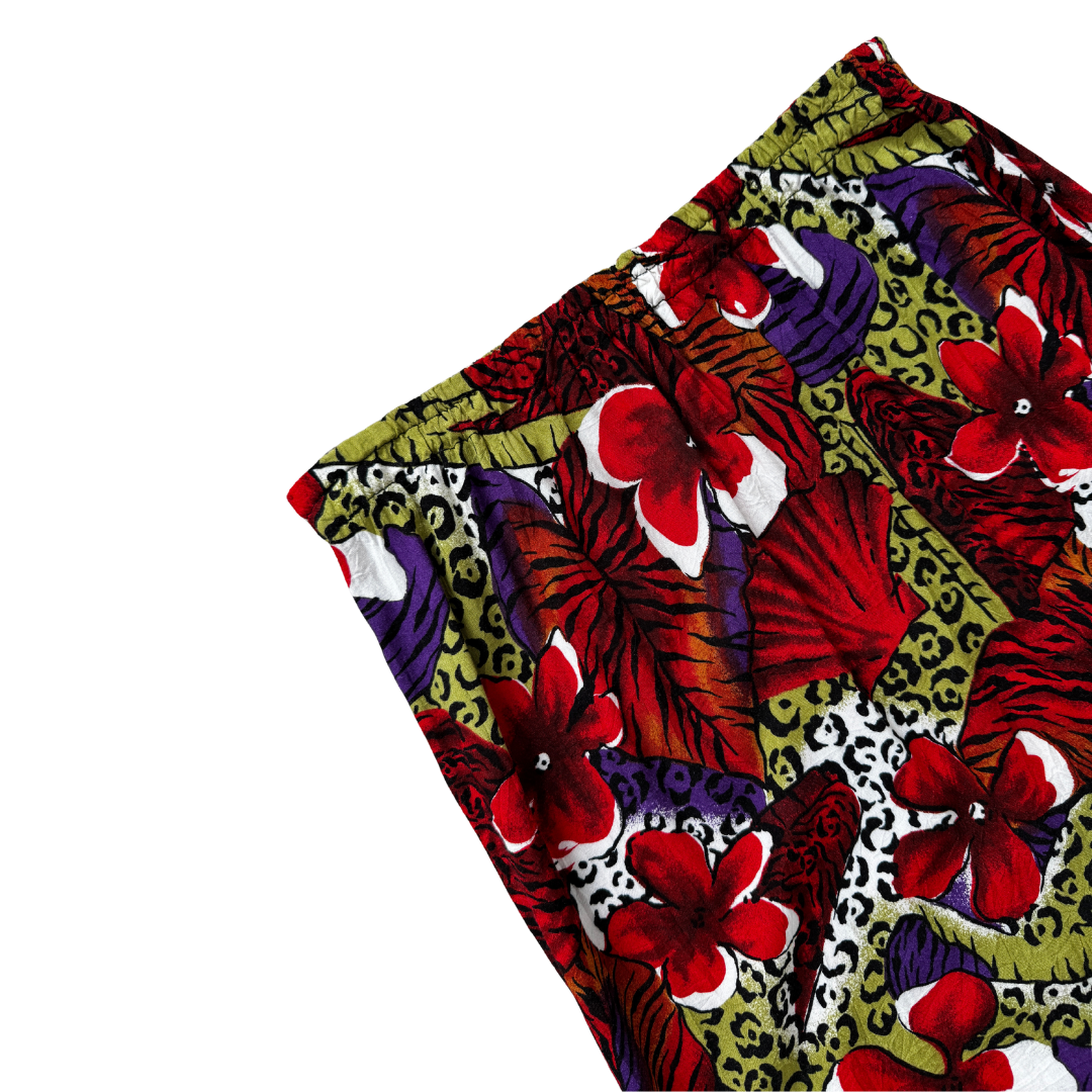 Red Floral Shell and Leopard Print Midi Skirt | Small - Medium