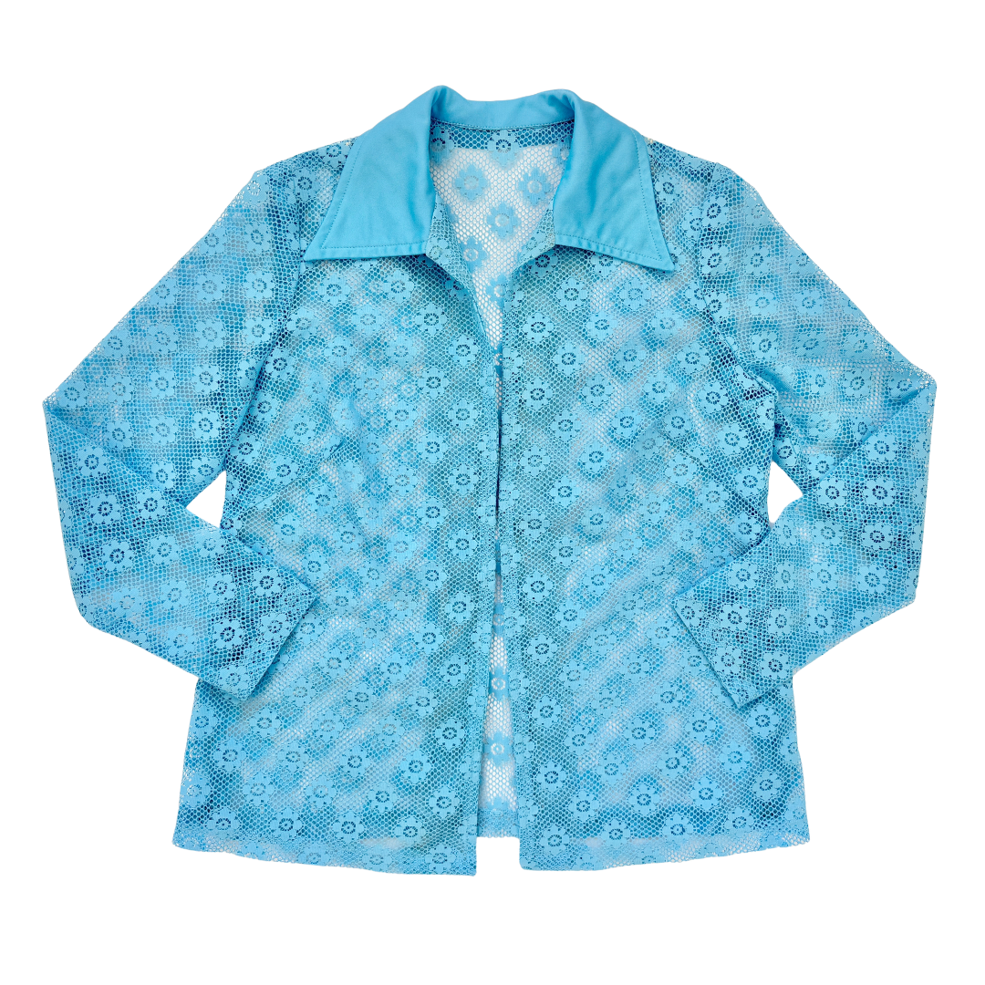 Vintage 60s-70s House of Nu-Mode Baby Blue Open Front Lace Cover-up / Blouse | Small