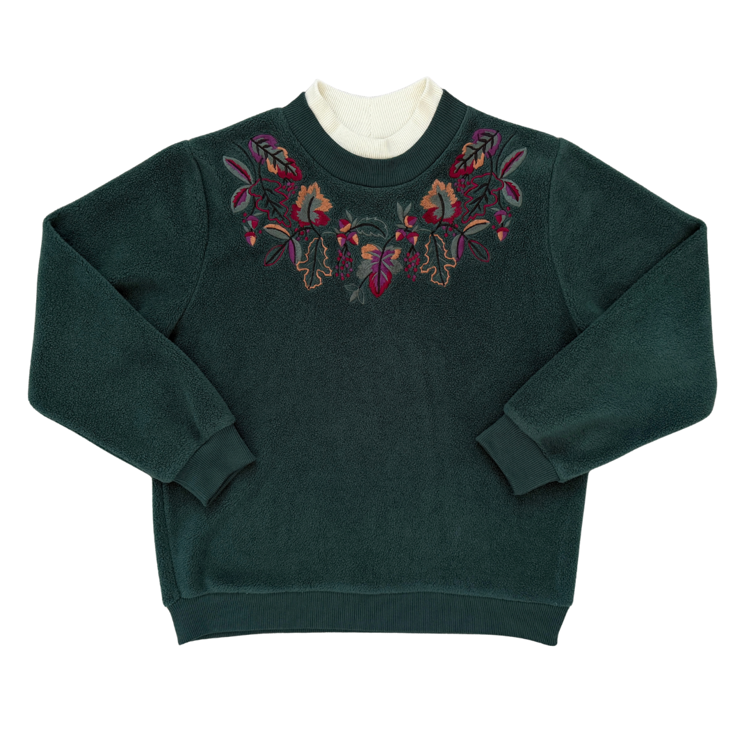 Vintage 90s Alia Sport Petite Hunter Green Fleece Crewneck Sweatshirt with Leaf Applique | Small - Medium