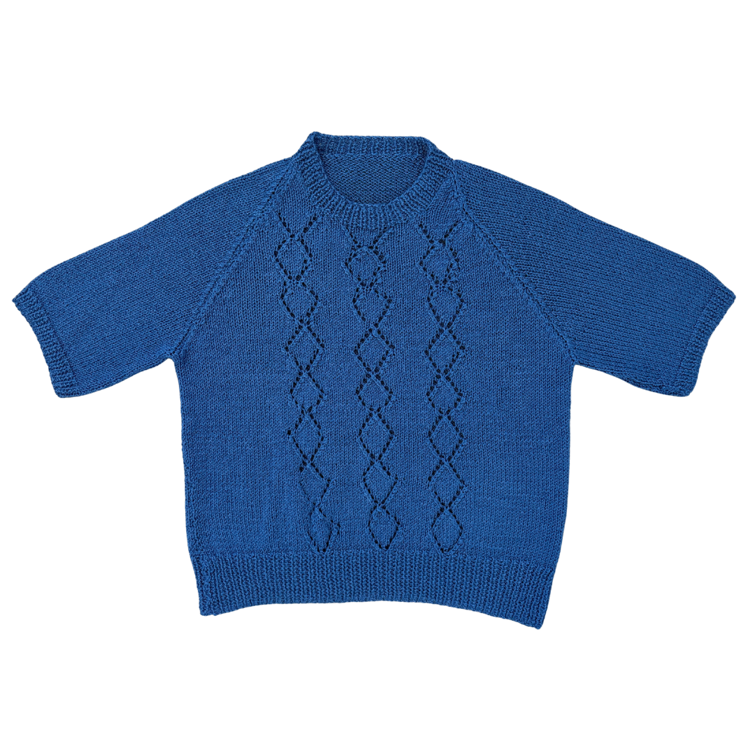 Vintage Hand Knit Blue Short Sleeve Chevron Knit Sweater | Small - Medium